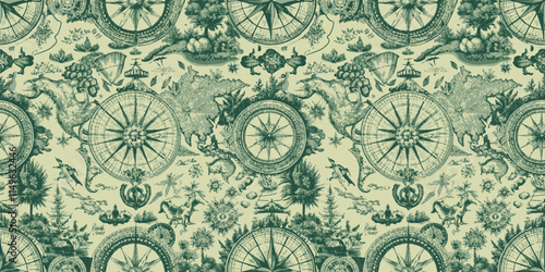 Intricate vintage map design in green hues, showcasing compasses and landmasses.