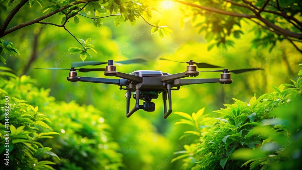 High-Tech Drone Hovering in Lush Green Landscape Silhouette High-Tech Drone Hovering in Lush Green Landscape Silhouette
