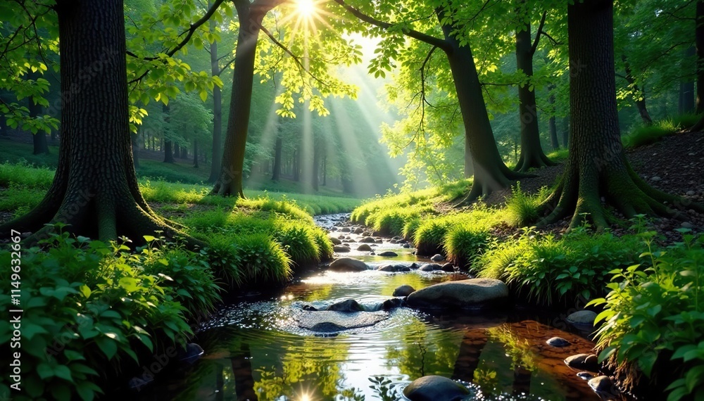 A serene forest scene featuring a brook flowing through the heart of the woods, sunlight filtering, trees A serene forest scene featuring a brook flowing through the heart of the woods, sunlight filtering, trees