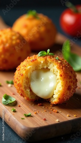 A single arancini filled with melted mozzarella and ham on a wooden cutting board,, wooden cutting board, arancini photo