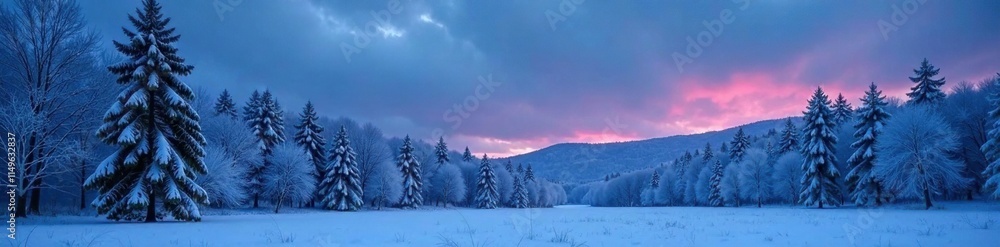A tranquil forest scene with snow-covered trees and a deep indigo sky above, quiet, frosty A tranquil forest scene with snow-covered trees and a deep indigo sky above, quiet, frosty
