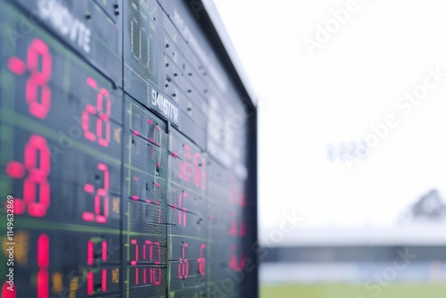 Cricket scoreboard showing team performance in a professional match setting.