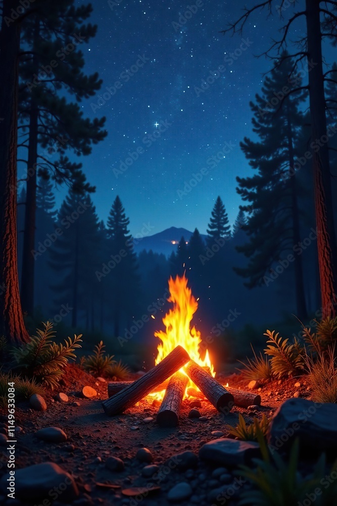 Burning firewood in a secluded clearing under starry night sky, clearing, forest, orchid flame Burning firewood in a secluded clearing under starry night sky, clearing, forest, orchid flame