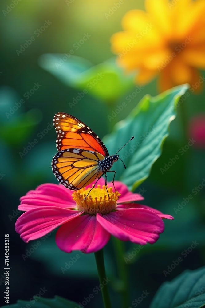 colorful, vibrant background with a butterfly perched on a leaf, petal, nature colorful, vibrant background with a butterfly perched on a leaf, petal, nature