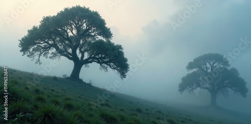 Dense fog rolling in, misty tendrils wrapping around ancient trees, clouds, subtle colors, fog photo