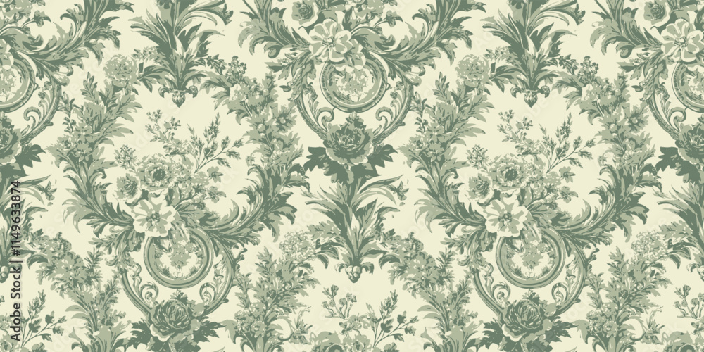 Fototapeta premium Elegant vintage floral wallpaper pattern in soft green tones.
