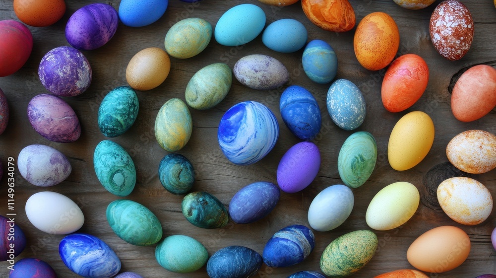 Fototapeta premium Colorful Painted Eggs Arranged in Artistic Spiral on Wooden Background