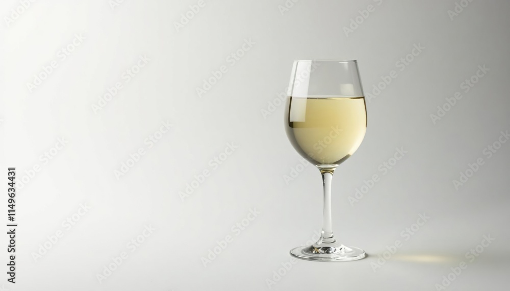 Isolated glass of white wine on pristine white surface, attention, visual clarity, stark contrast Isolated glass of white wine on pristine white surface, attention, visual clarity, stark contrast