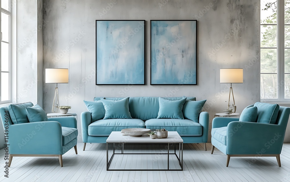 Modern living room interior design with teal sofa, armchairs, coffee table, artwork, and lamps against a textured wall. Modern living room interior design with teal sofa, armchairs, coffee table, artwork, and lamps against a textured wall.
