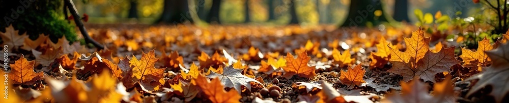 The ground is blanketed with a mixture of fallen oak leaves and twigs in shades of gold and brown, fall foliage, forest floor The ground is blanketed with a mixture of fallen oak leaves and twigs in shades of gold and brown, fall foliage, forest floor