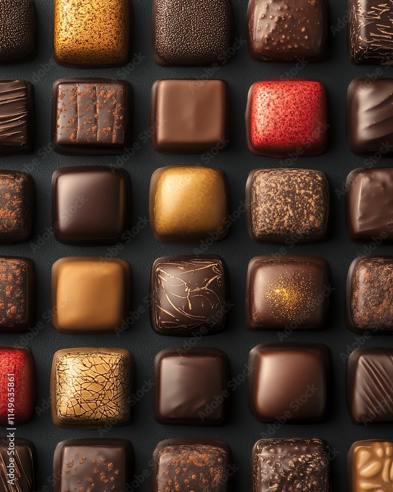 A detailed closeup of an assortment of chocolate pralines, with their silky finishes and rich colors, set against a dark, luxurious background A detailed closeup of an assortment of chocolate pralines, with their silky finishes and rich colors, set against a dark, luxurious background