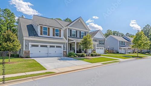 A modern house with solar panels and landscaped yard in a suburban neighborhood.