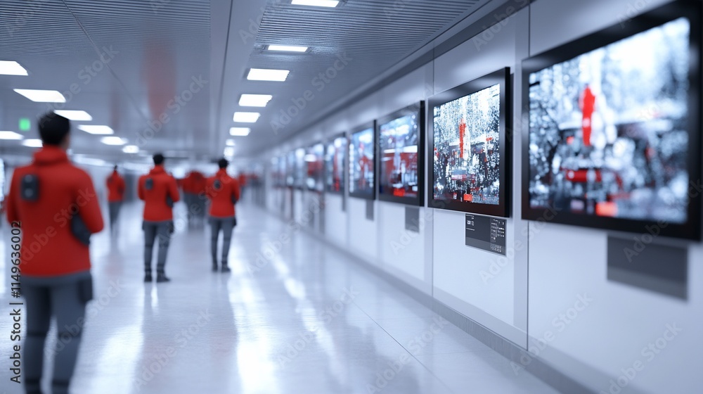 Futuristic corridor with screens displaying data, people walking. Futuristic corridor with screens displaying data, people walking.