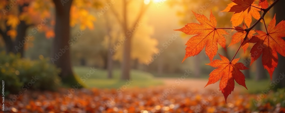 A serene autumn scene with maple leaves in the foreground, serene landscape, earthy tones, calm atmosphere A serene autumn scene with maple leaves in the foreground, serene landscape, earthy tones, calm atmosphere