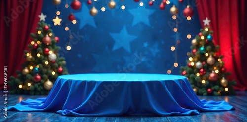 Blue cloth draped over a podium with festive lights and decorations, cloth, blue, festive setup photo