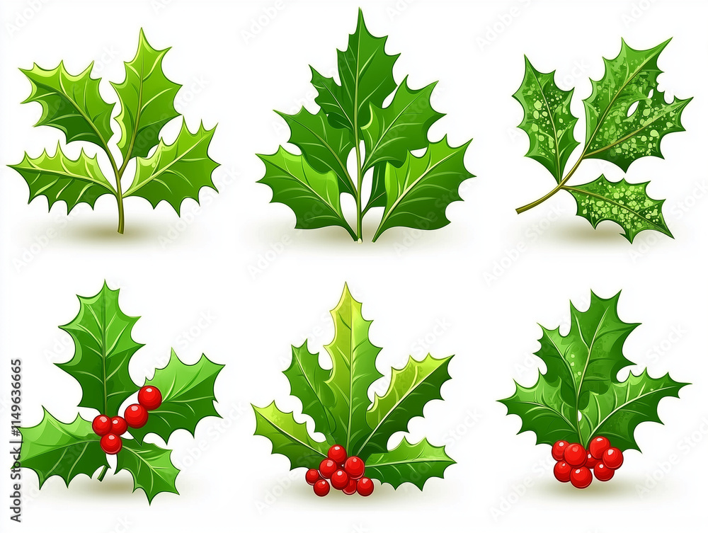 Collection set of Holly branches with leaves and berries, traditional natural green and red Christmas and Holidays ornaments isolated on transparent background
Collection set of Holly branches with leaves and berries, traditional natural green and red Christmas and Holidays ornaments isolated on transparent background