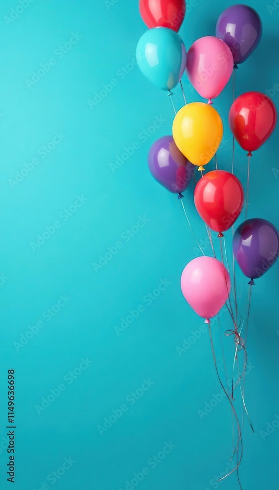 Colorful balloons floating in mid-air over a bright blue background, festive atmosphere, overhead view Colorful balloons floating in mid-air over a bright blue background, festive atmosphere, overhead view