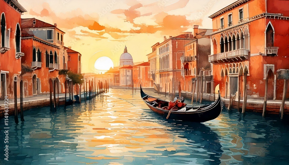 Obraz premium Watercolor gondola drifting through Venetian canals at sunrise