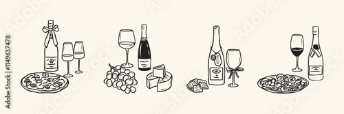 Hand drawn wine and food compositions