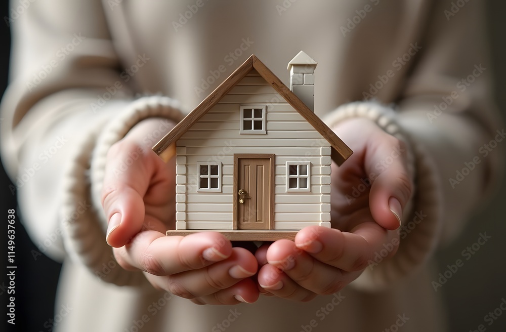 Hands hold a model of a small house, a home equity loan. Hands hold a model of a small house, a home equity loan.