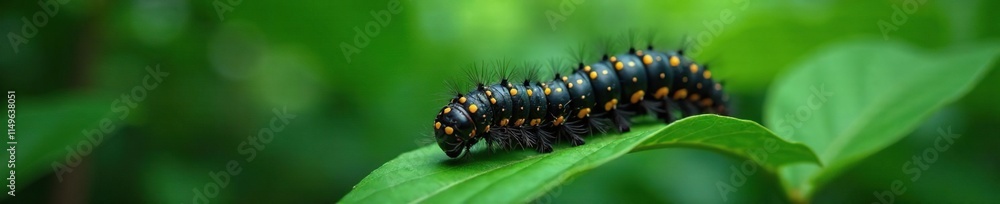 Large black caterpillar crawling on a leaf in the jungle, insect, wildlife, animal life Large black caterpillar crawling on a leaf in the jungle, insect, wildlife, animal life