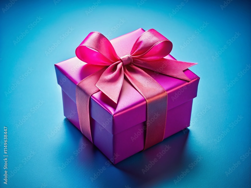 Fototapeta premium Pink Gift Box with Ribbon Bow - Blue Background - High Quality AI Photo