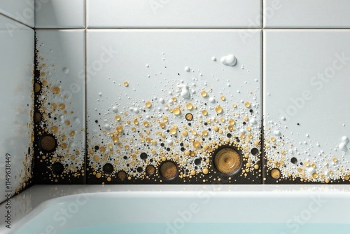 Mould growth on bathroom tiles with water droplets, bathroom, black mould, condensation photo