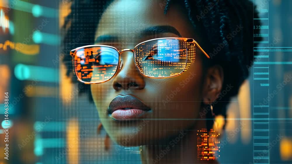 Close-up Portrait of Woman with Glasses and Digital Interface Background Close-up Portrait of Woman with Glasses and Digital Interface Background