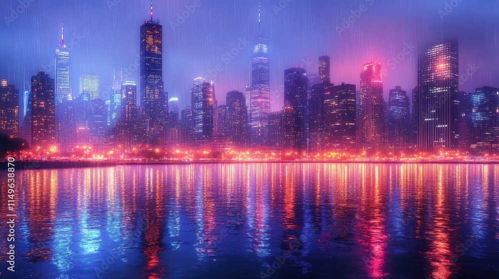 Neon city skyline reflected in rainy water. Neon city skyline reflected in rainy water.