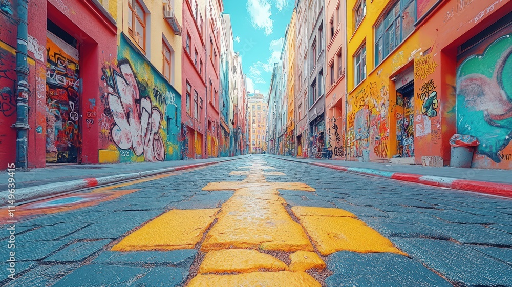 Fototapeta premium Colorful graffiti-covered street, cobblestone road.