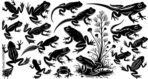 set of  tadpoles, silhouette , isolated on white