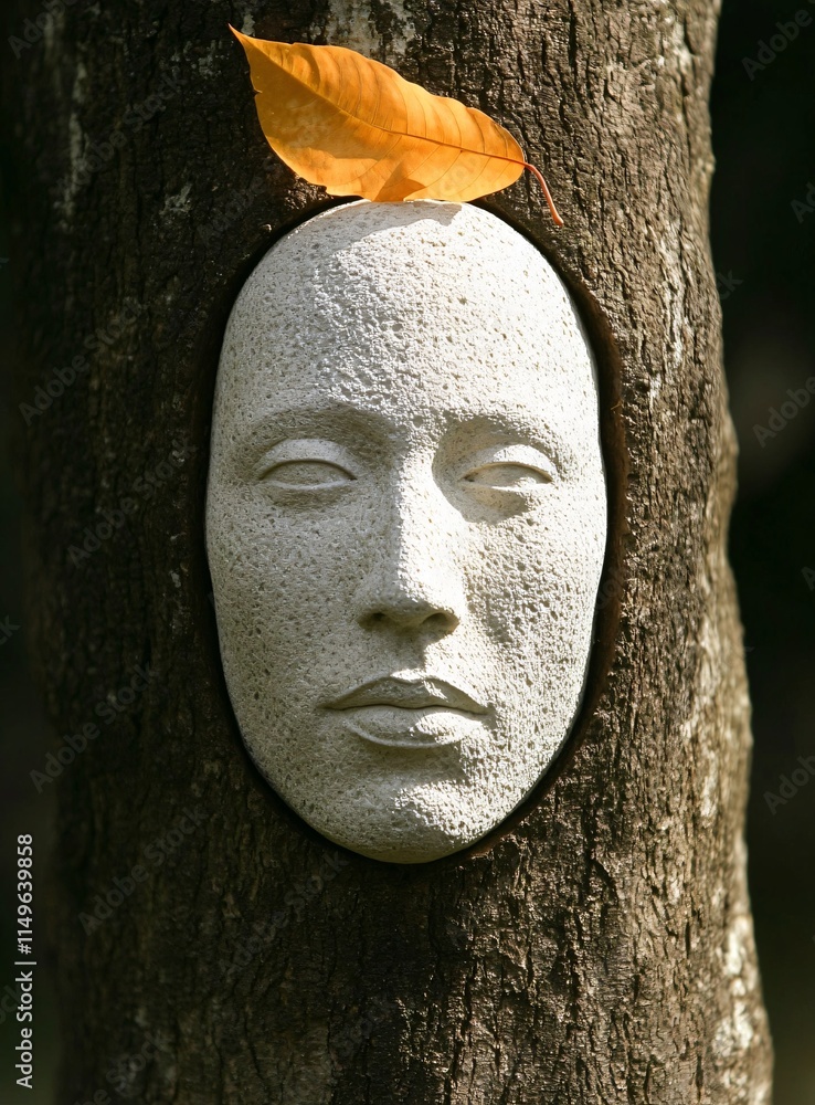 Serene Stone Face Carved in Tree Trunk, Autumn Leaf Serene Stone Face Carved in Tree Trunk, Autumn Leaf