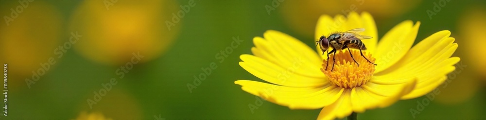 A small fly perches on a bright yellow flower with intricate details, petal, yellow, garden A small fly perches on a bright yellow flower with intricate details, petal, yellow, garden