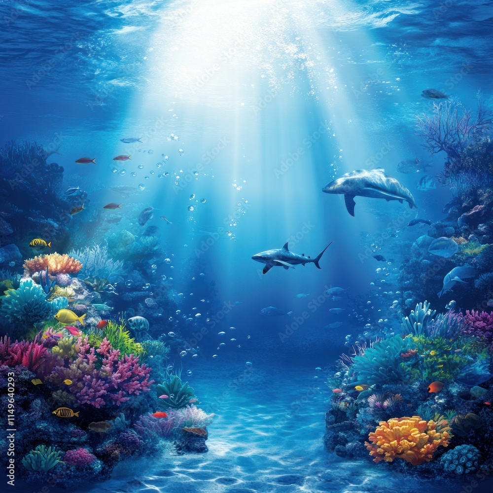 Underwater scene with dolphins, sharks, and coral reef. Underwater scene with dolphins, sharks, and coral reef.