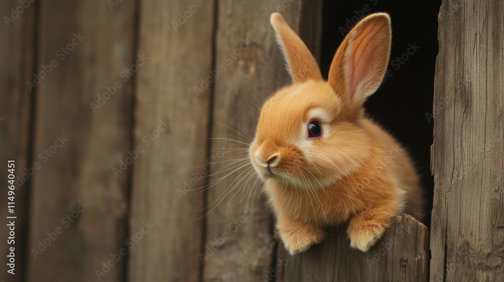 Obraz premium Cute Orange Bunny Rabbit Peeking from Wooden Fence