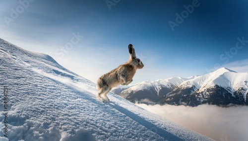 The habitat of an adult rabbit struggling to survive in the wild snowy mountains photo