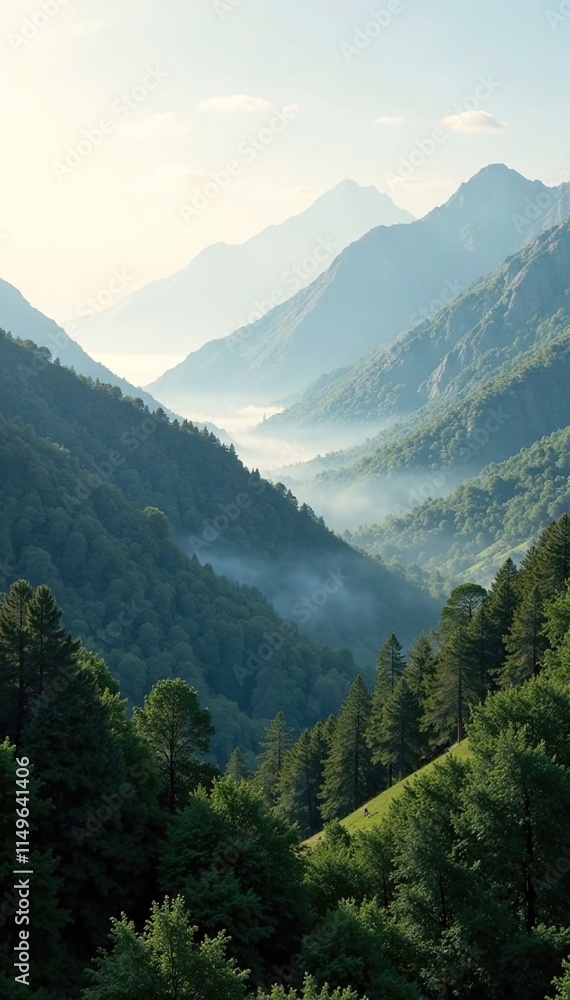 Foggy morning on the mountains with soft glow, peaceful, natural Foggy morning on the mountains with soft glow, peaceful, natural