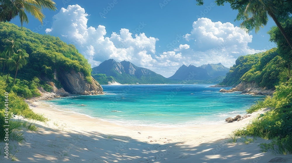 Fototapeta premium Secluded tropical beach, turquoise water, lush mountains.