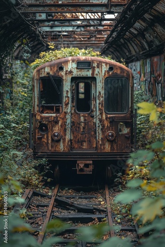 Abandoned subway train overtaken by nature in an old underground tunnel photo