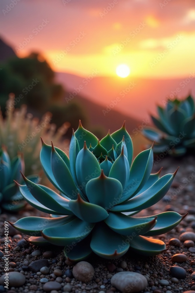 Mature blue agave with multiple rosettes on the ground at sunset, succulent, foliage, blue agave Mature blue agave with multiple rosettes on the ground at sunset, succulent, foliage, blue agave