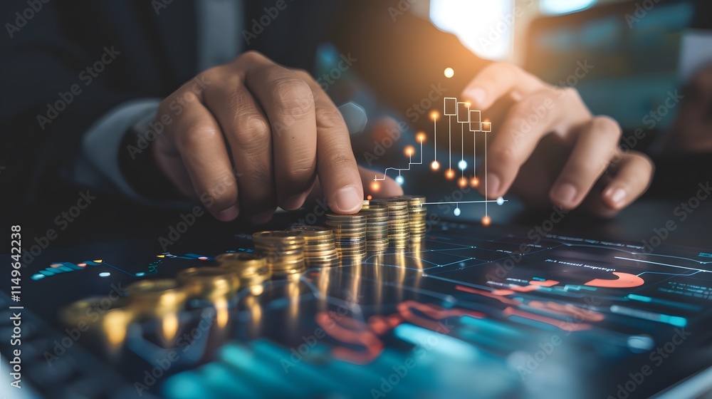 Businessman Analyzing Financial Data with Gold Coins and Graphs Businessman Analyzing Financial Data with Gold Coins and Graphs