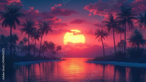 Tropical sunset, palm trees, tranquil water.