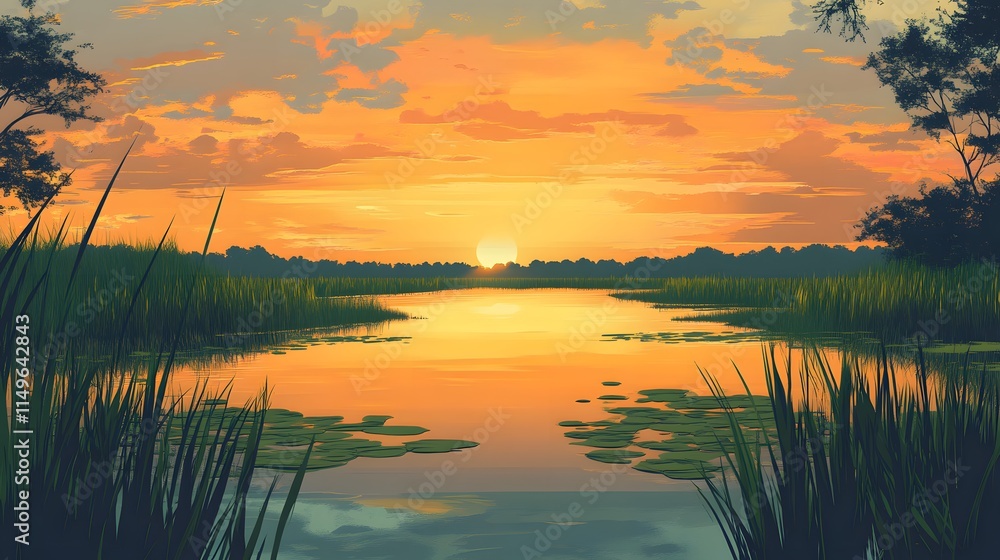 Obraz premium Serene Sunset Over Calm Lake Water And Reeds