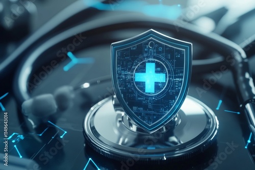 Digital shield with medical cross on stethoscope symbolizes secure healthcare and data protection photo