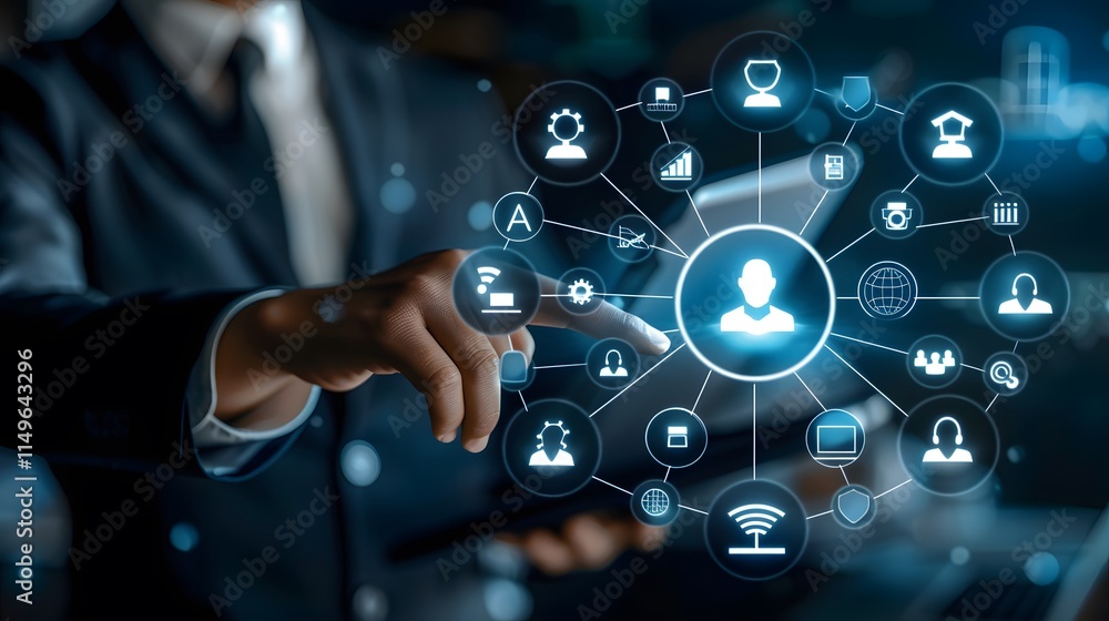 Fototapeta premium Businessman with Digital Interface and Virtual Icons in Modern Office