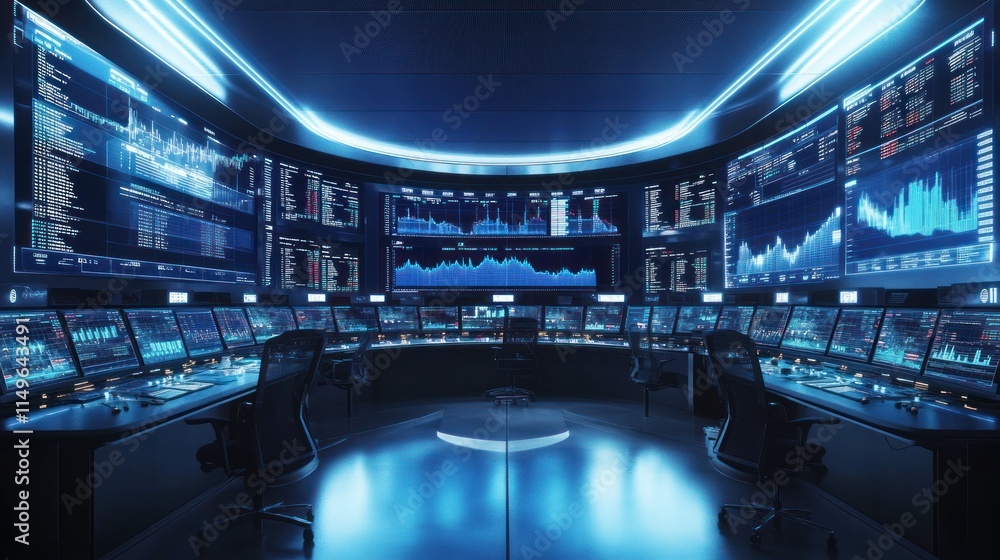 High-tech control room filled with screens displaying stock market trends, modern lighting, sci-fi aesthetic High-tech control room filled with screens displaying stock market trends, modern lighting, sci-fi aesthetic