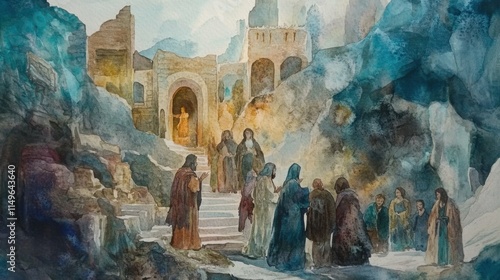 Watercolor painting of a scene from the nativity of Jesus.