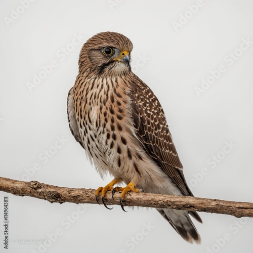 A juvenile kestrel, slightly fluffier and perched on a stick, against a white background. photo