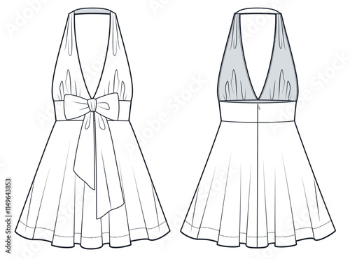 Bow mini Dress technical fashion illustration. Circle Skirt Dress fashion flat technical drawing template, open back, zipper, front and back view, white, women Dress CAD mockup.