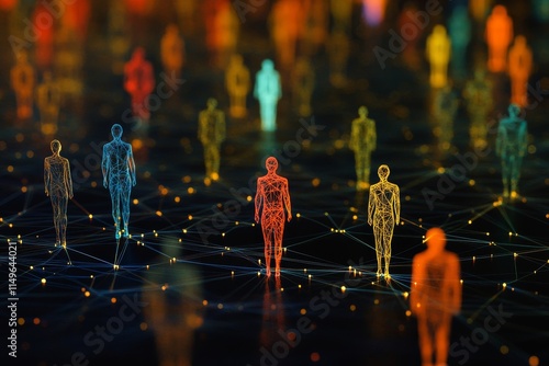 Colorful network of human figures on black, emphasizing social media and one standout influencer photo
